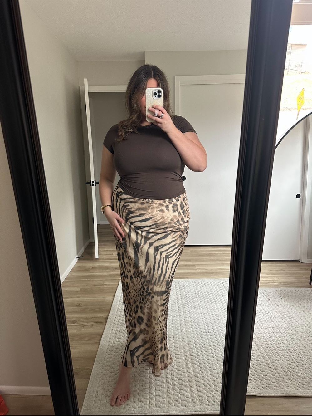 ASOS Curve Animal-Print Maxi Slip Skirt in Tan and Black